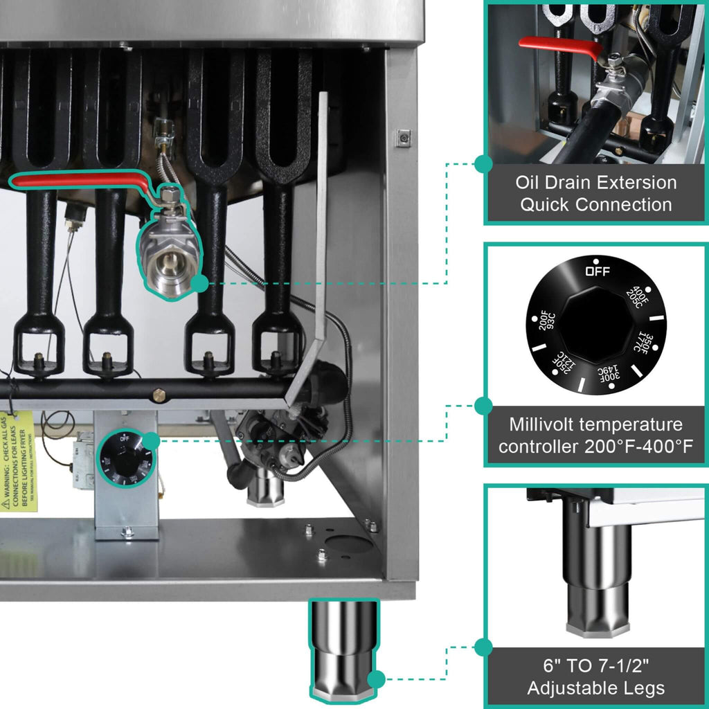Heavy-Duty 120K BTU Commercial Stainless Steel 4-Burner Propane Deep Fryer (SAK64021) - Saksby Wholesale - Features