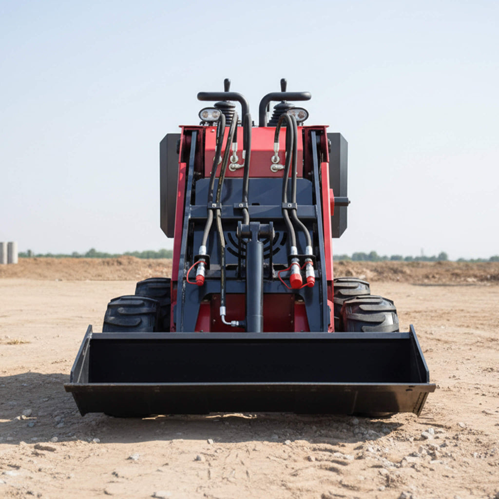 Heavy-Duty 13.5HP Mini Gas Skid Steer Loader With Wide Bucket (SAK69105) - Saksby Wholesale - Front View In Construction Site