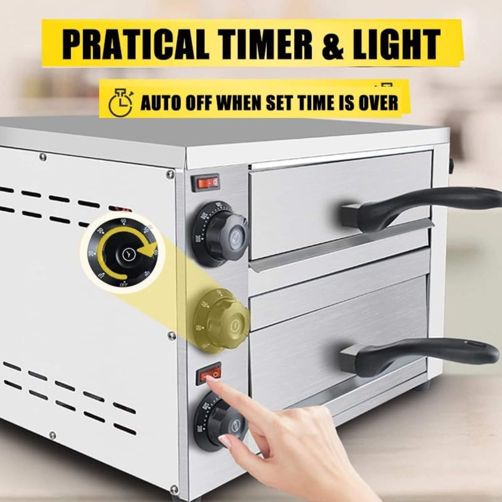 Heavy-Duty 14-Inch Commercial Stainless Steel Electric 2-Tier Tabletop Pizza Oven With Timer (SAK90432) - Saksby Wholesale - Auto-Off Feature