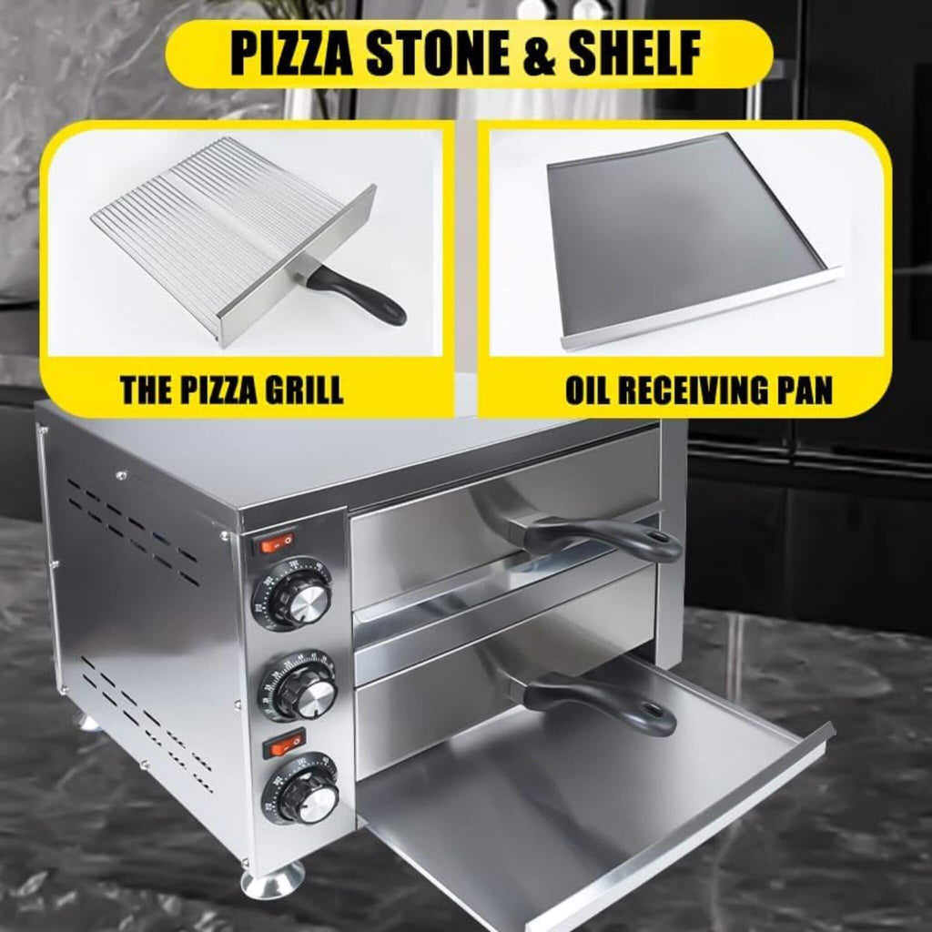 Heavy-Duty 14-Inch Commercial Stainless Steel Electric 2-Tier Tabletop Pizza Oven With Timer (SAK90432) - Saksby Wholesale - Grill And Oil Receiving Pan View
