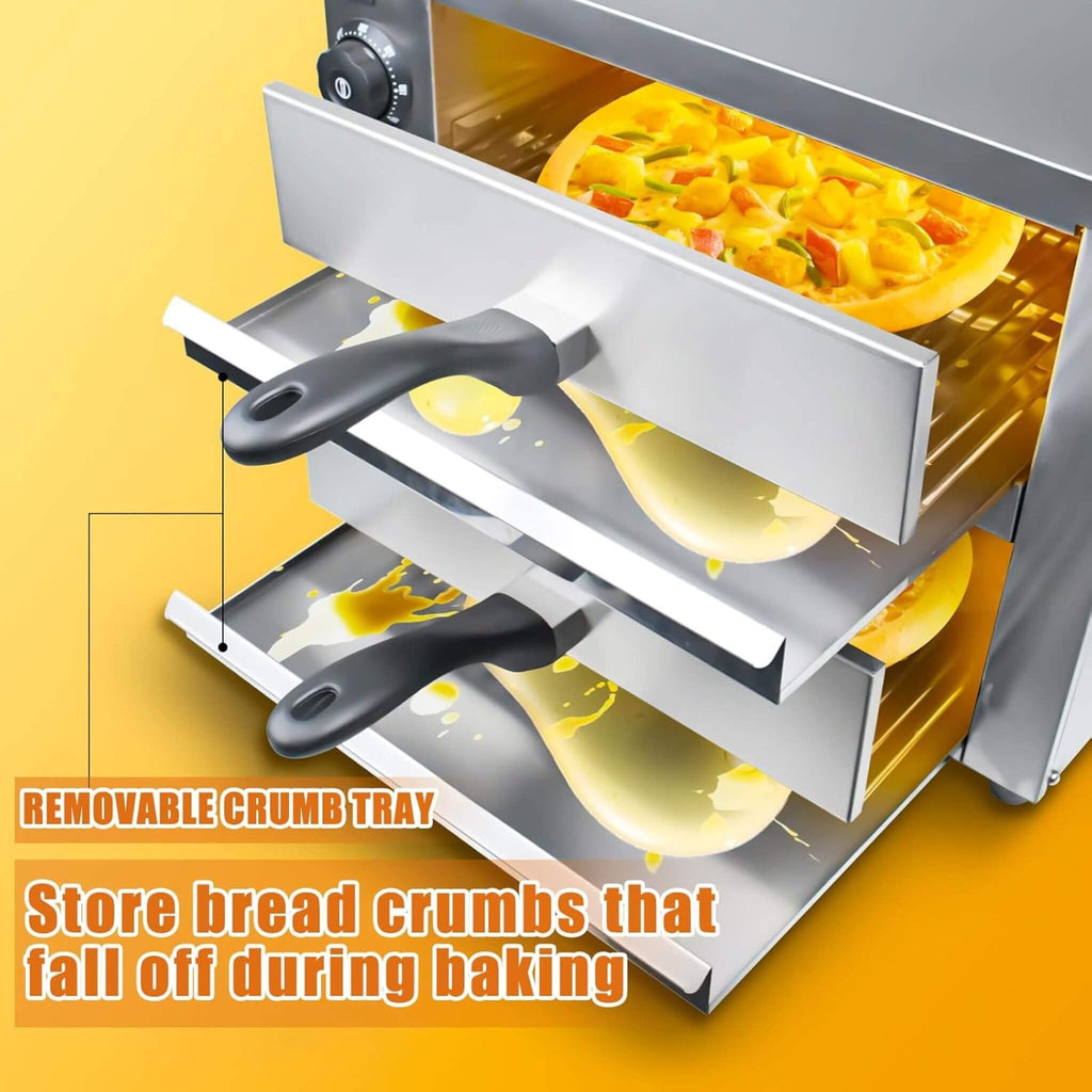 Heavy-Duty 14-Inch Commercial Stainless Steel Electric 2-Tier Tabletop Pizza Oven With Timer (SAK90432) - Saksby Wholesale - Removable Crumb Tray