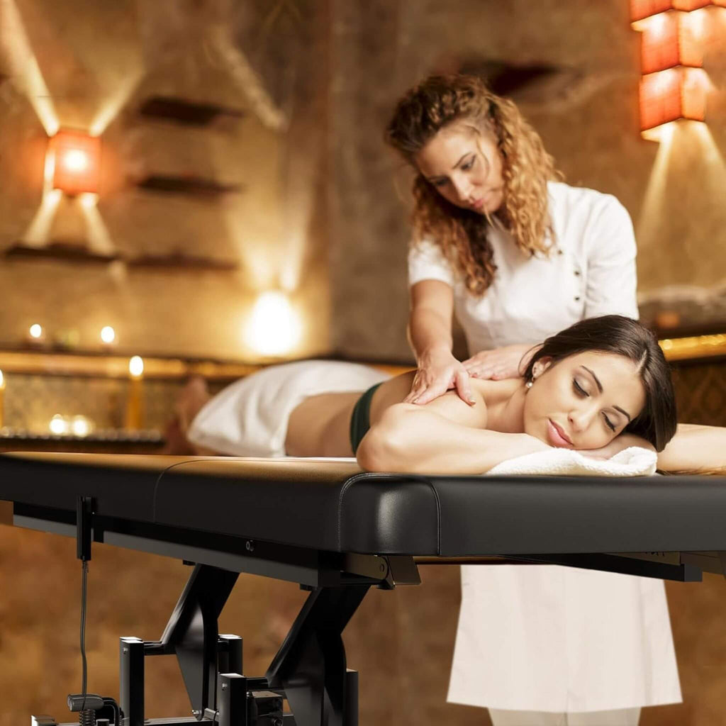 Heavy-Duty 1500 LBS Adjustable Electric Massage Table With Lift (SAK74105) - Saksby Wholesale - Lifestyle Image In Massage Setting