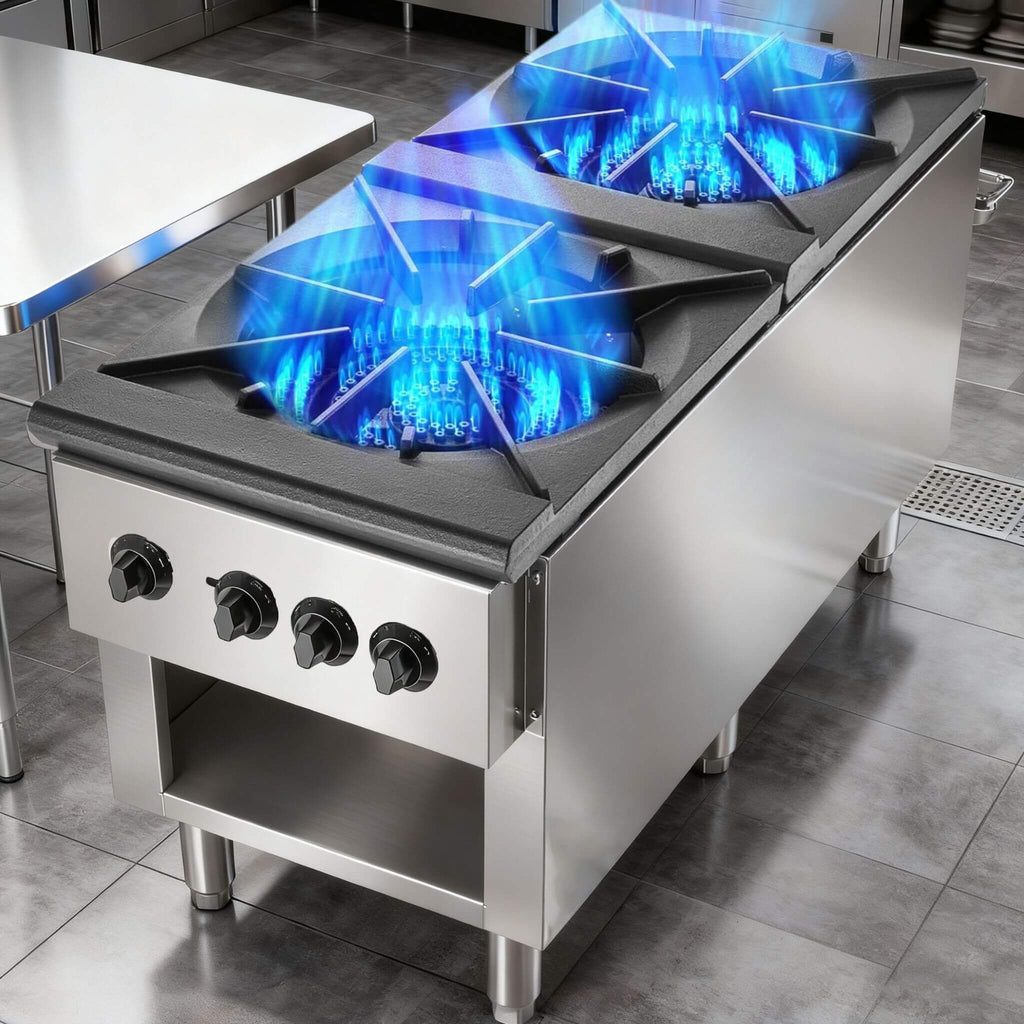 Heavy-Duty 18K BTU Commercial 2-Burner Stainless Steel Gas Stove Range (SAK40721) - Saksby Wholesale - Burner View