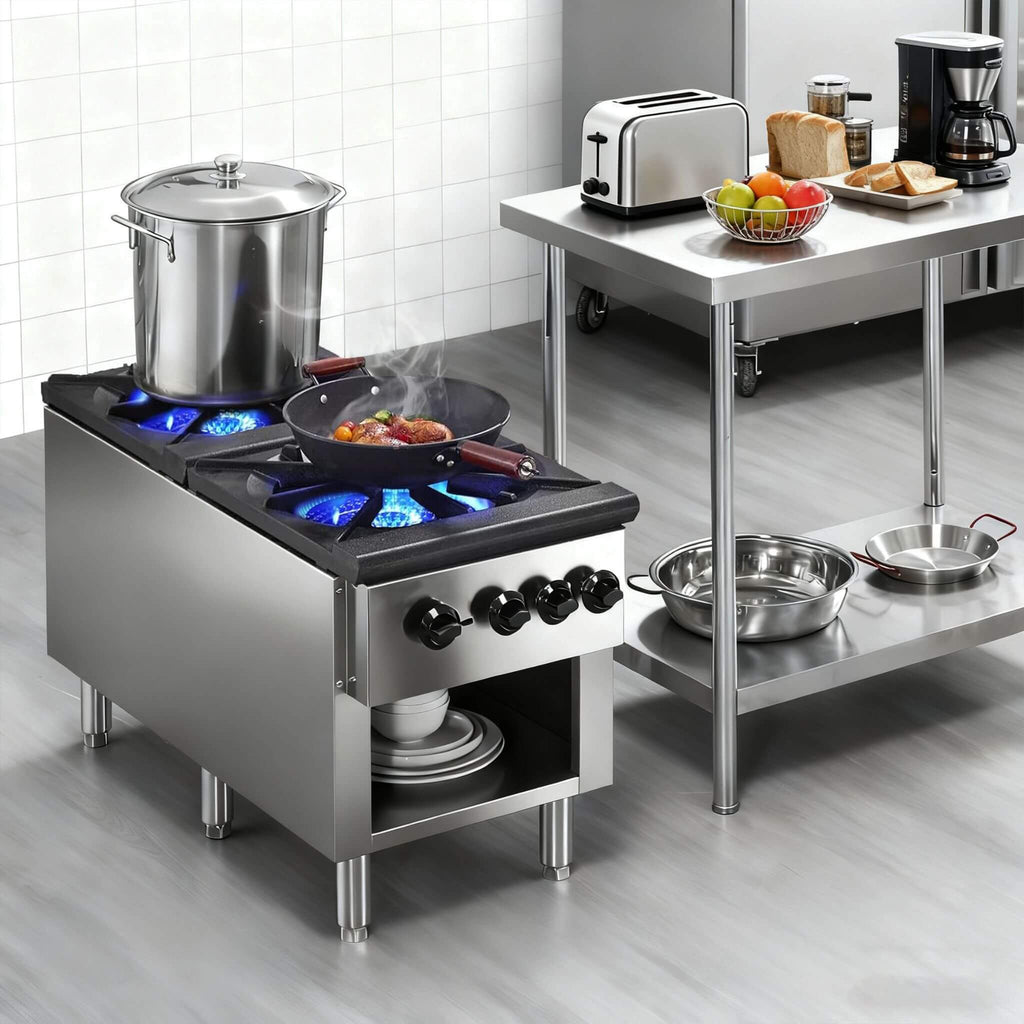 Heavy-Duty 18K BTU Commercial 2-Burner Stainless Steel Gas Stove Range (SAK40721) - Saksby Wholesale - Kitchen Setup