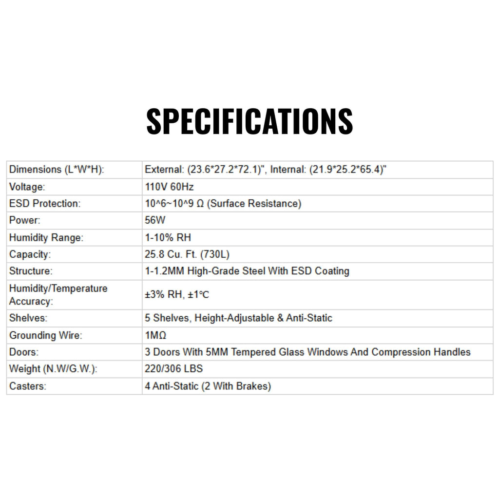 Heavy-Duty 192-Gallon Stainless Steel Nitrogen Dry Cabinet [1-10% RH] (SAK27184) - Saksby Wholesale - Specifications