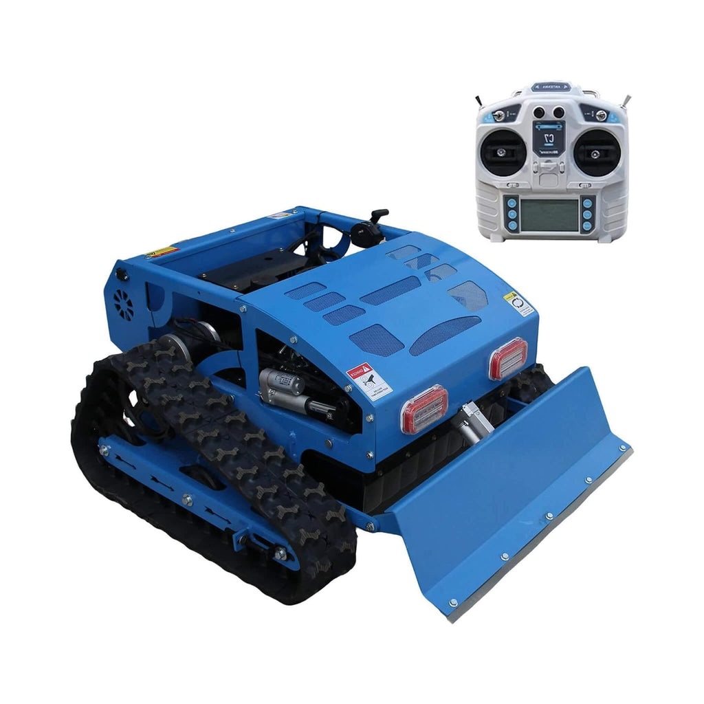 Heavy-Duty 21-Inch 9HP Commercial Remote-Controlled Robotic Lawn Mower With Tracks And Plow (SAK26583) - Saksby Wholesale - Blue Front Right View With Remote