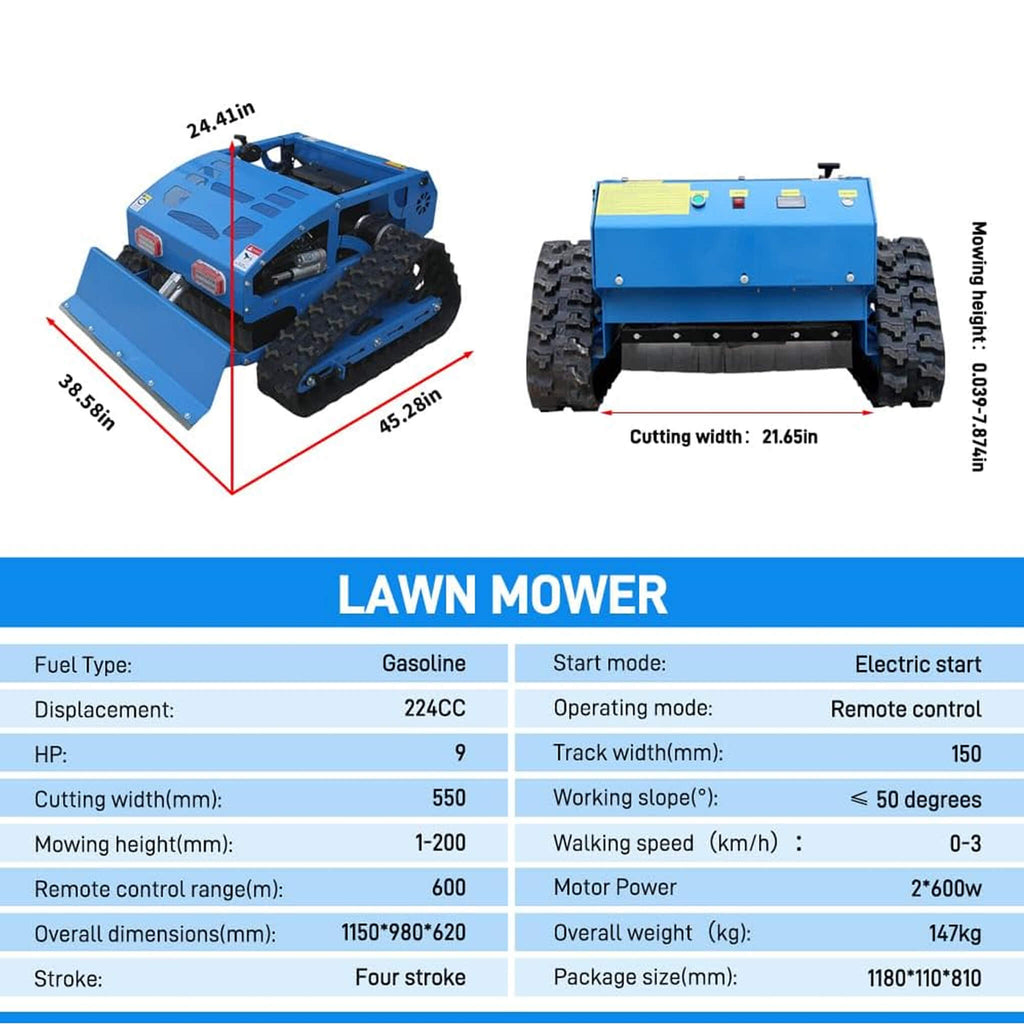 Heavy-Duty 21-Inch 9HP Commercial Remote-Controlled Robotic Lawn Mower With Tracks And Plow (SAK26583) - Saksby Wholesale - Specifications