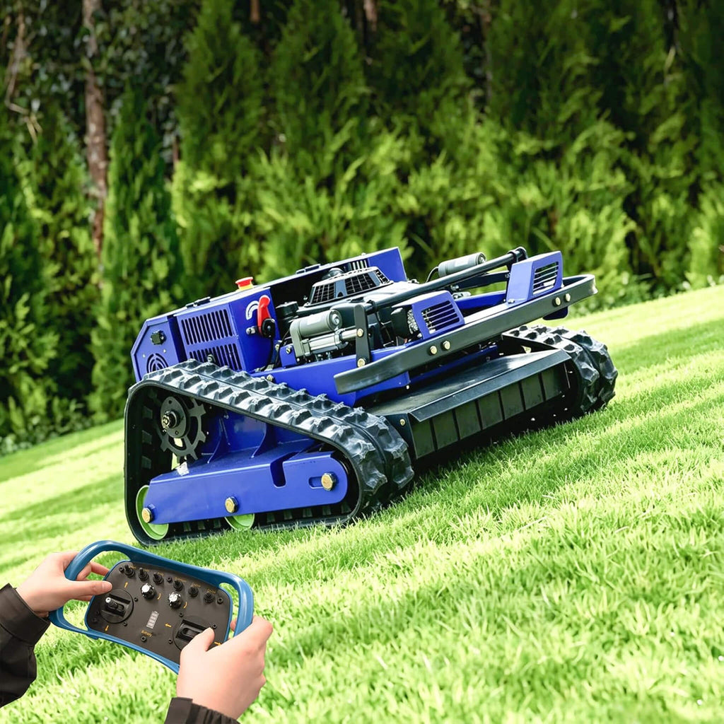 Heavy-Duty 224CC Remote-Controlled Track Mower With 21-Inch Deck & Industrial Remote (SAK90831) - Saksby Wholesale - Lifestyle With Controller