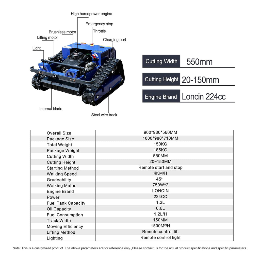 Heavy-Duty 224CC Remote-Controlled Track Mower With 21-Inch Deck & Industrial Remote (SAK90831) - Saksby Wholesale - Specifications