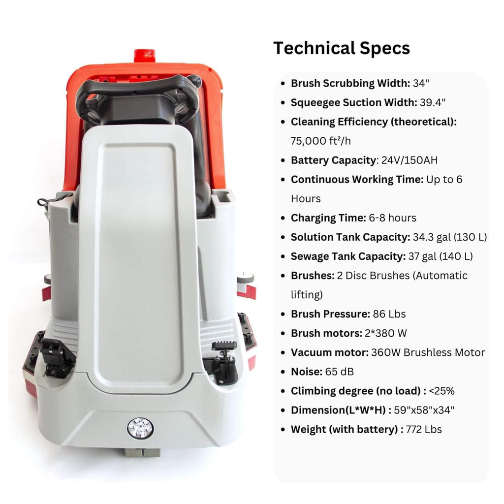 Heavy-Duty 34-Inch Industrial Ride-On Floor Scrubber Machine (SAK63290) - Saksby Wholesale - Specifications