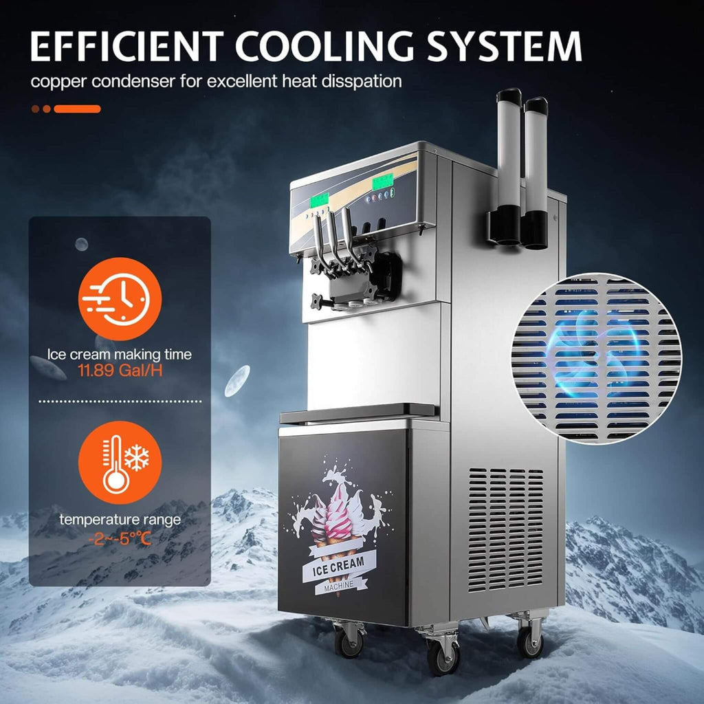 Heavy-Duty 45L/H 3-Flavor Dual Compressor Commercial Soft Serve Ice Cream Machine (SAK43195) - Saksby Wholesale - Cooling System Features