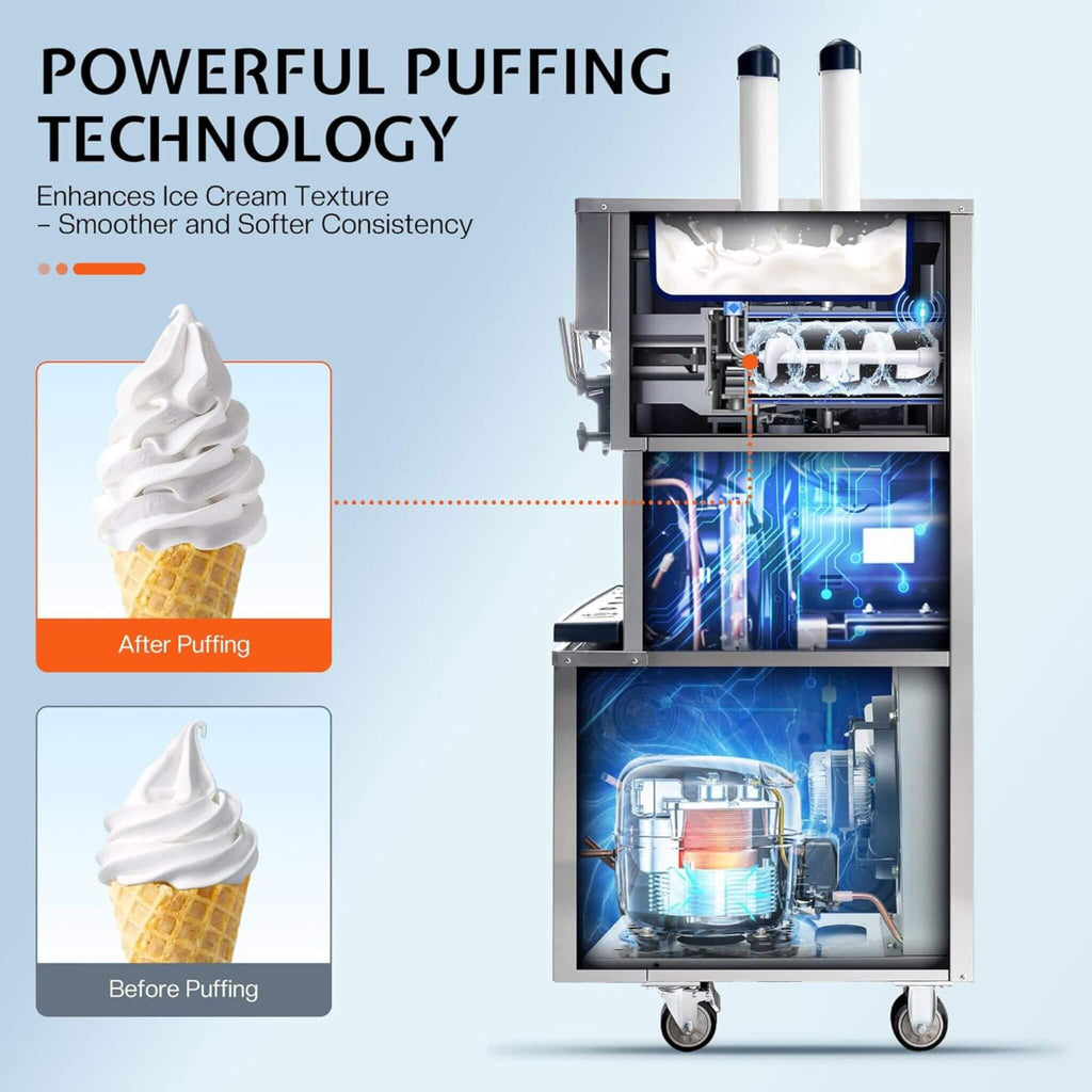 Heavy-Duty 45L/H 3-Flavor Dual Compressor Commercial Soft Serve Ice Cream Machine (SAK43195) - Saksby Wholesale - Puffing Technology Feature