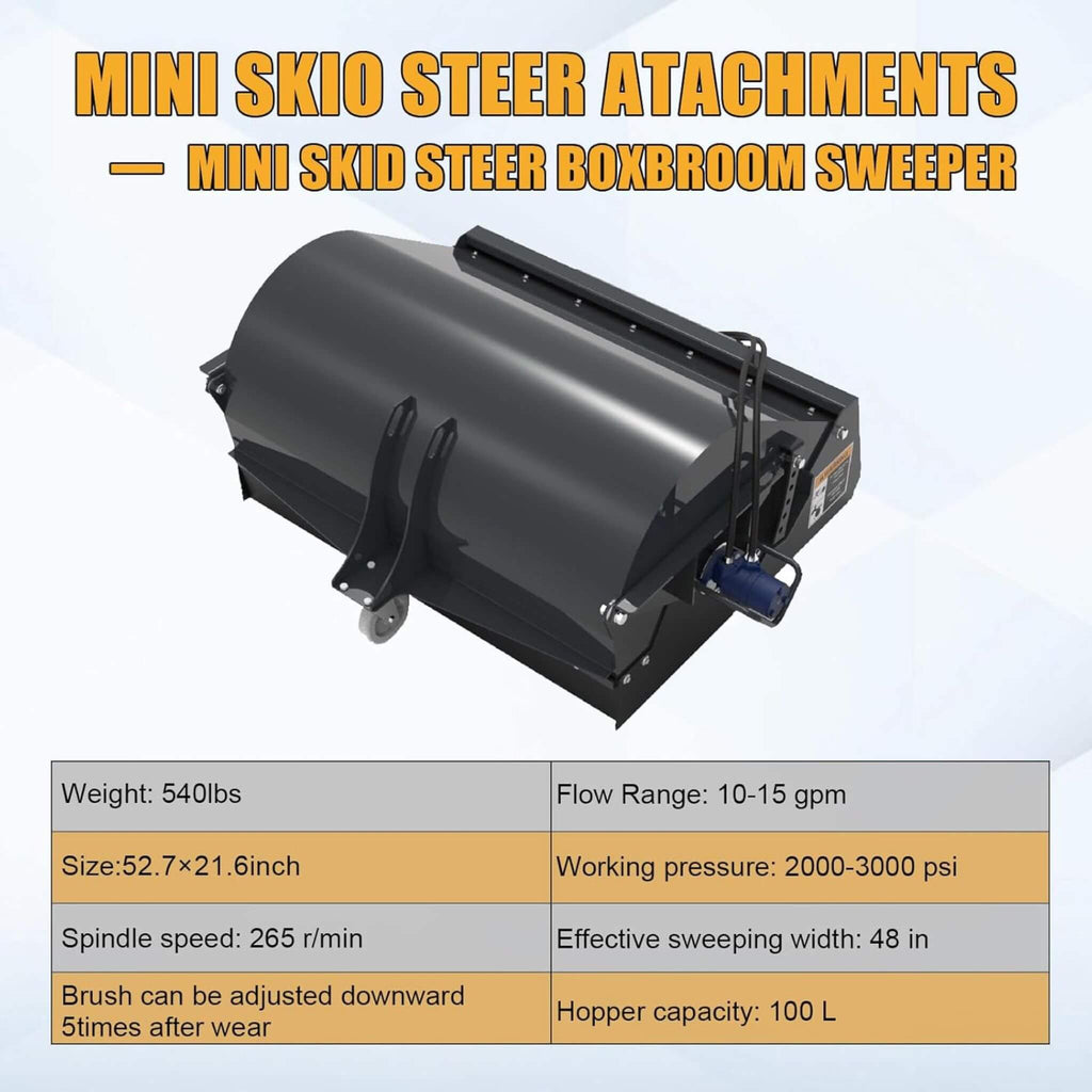 Heavy-Duty 48-Inch Mini Skid Steer Sweeper Attachment (SAK94820) - Saksby Wholesale - Specifications