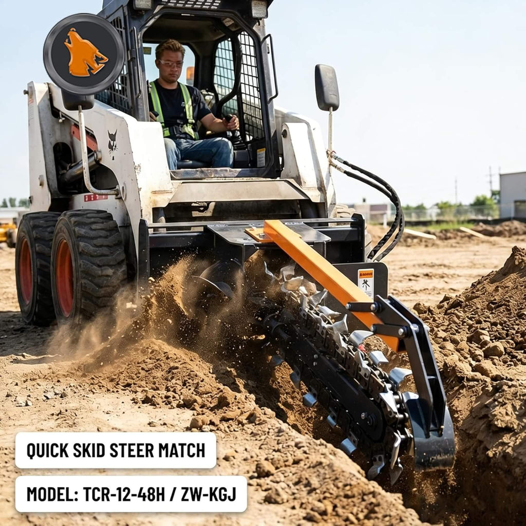 Heavy-Duty 48-Inch Skid Steer Attachment Trencher With Auger (SAK16842) - Saksby Wholesale - Lifestyle Image In Action