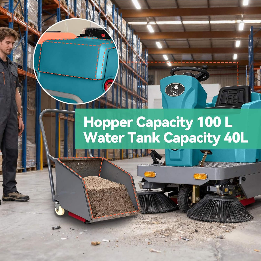 Heavy-Duty 51-Inch Electric Ride-On Floor Industrial Sweeper With Dustbin (SAK69418) - Saksby Wholesale - Hopper Capacity