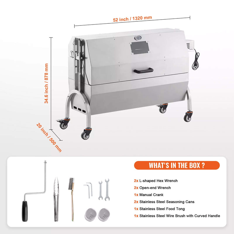 Heavy Duty 52W Spit Roaster Rotisserie BBQ Grill For Pig Lamb And Chicken SAK59286 Saksby - Dimensions