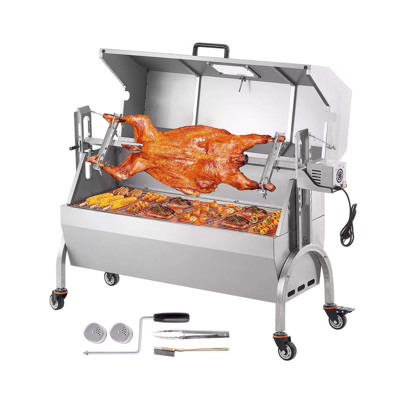 Heavy Duty 52W Spit Roaster Rotisserie BBQ Grill For Pig Lamb And Chicken SAK59286 Saksby - With Meat And Accessories