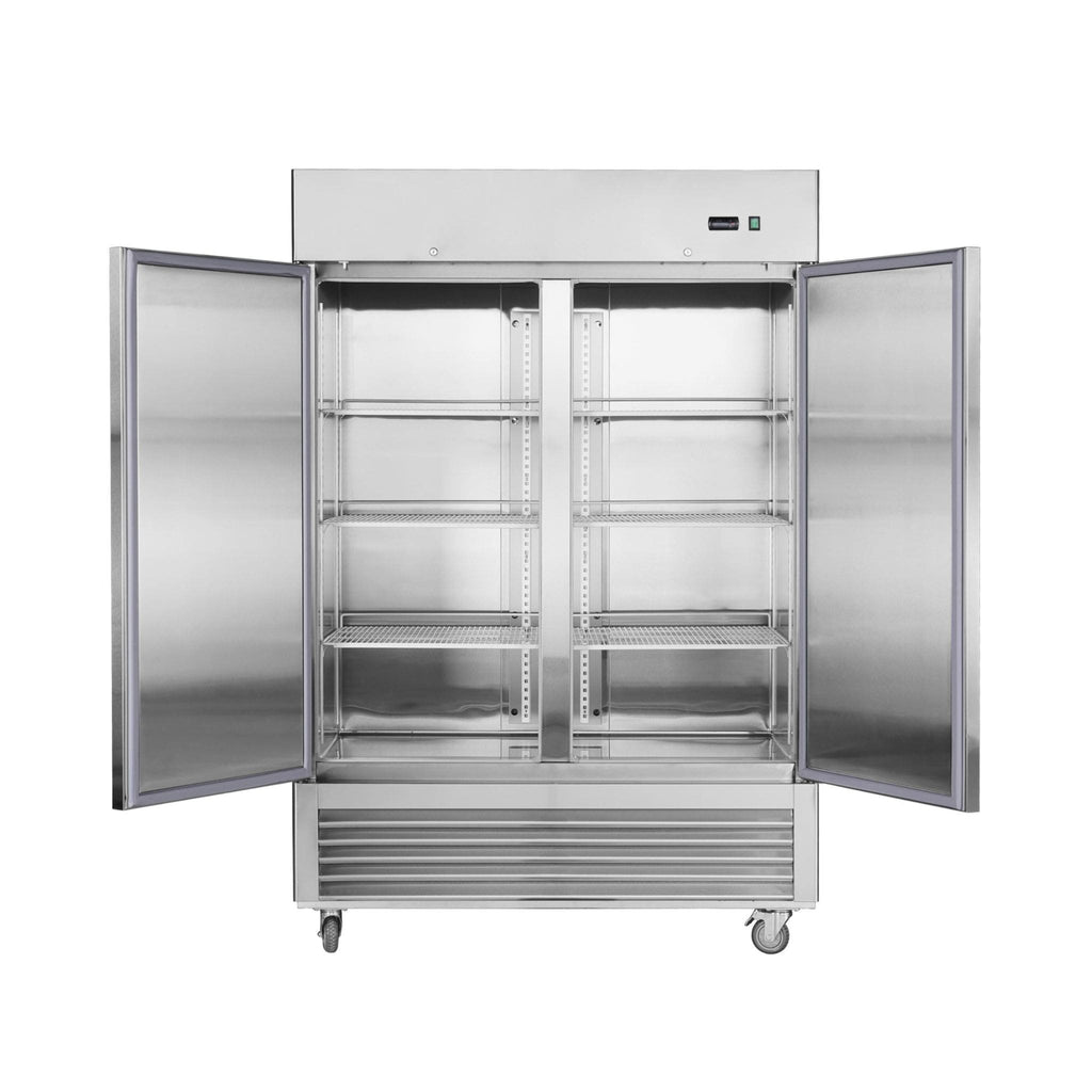 Heavy Duty 54" Stainless Steel 2-Door Reach-In Upright Commercial Freezer (SAK66598) - Saksby Wholesale - Front View Open Doors