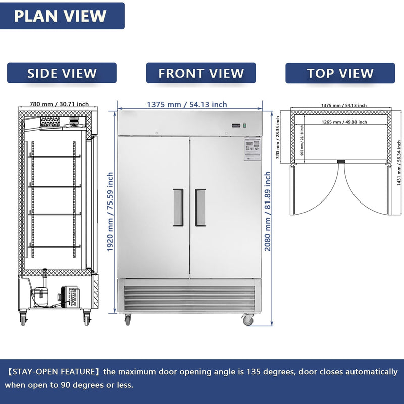 Heavy Duty 54" Stainless Steel 2-Door Reach-In Upright Commercial Freezer (SAK66598) - Saksby Wholesale - Plan View and Dimensions