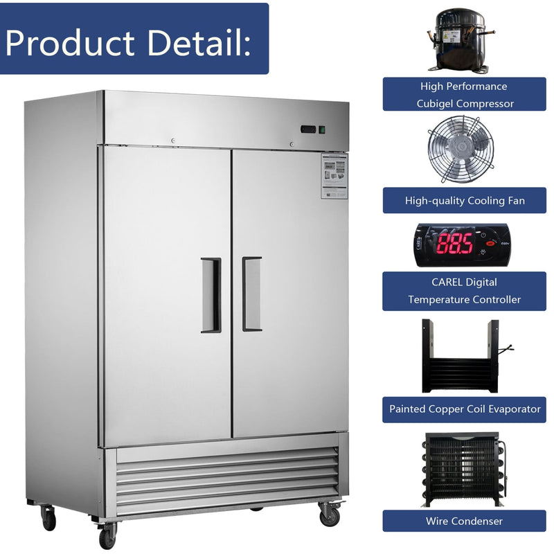 Heavy Duty 54" Stainless Steel 2-Door Reach-In Upright Commercial Freezer (SAK66598) - Saksby Wholesale - Product Details