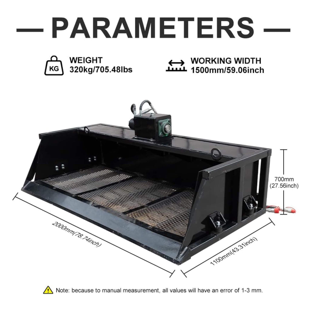 Heavy-Duty 60-Inch Topsoil Screening Skid Steer Bucket Attachment (SAK10294)  - Saksby Wholesale - Parameters