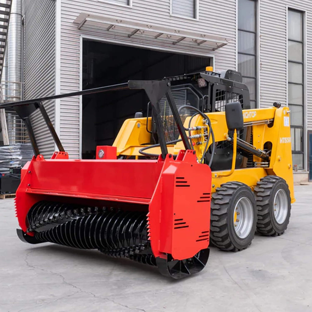 Heavy-Duty 72-Inch Hydraulic Forestry Mulcher Skid Steer Loader Attachment (SAK39168) - Saksby Wholesale - Lifestyle Front Left View On Loader