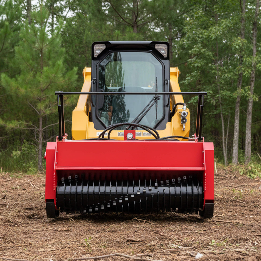 Heavy-Duty 72-Inch Hydraulic Forestry Mulcher Skid Steer Loader Attachment (SAK39168) - Saksby Wholesale - Lifestyle Front View On Loader