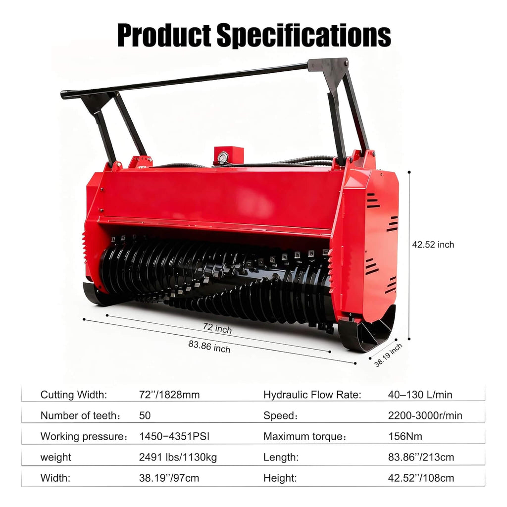 Heavy-Duty 72-Inch Hydraulic Forestry Mulcher Skid Steer Loader Attachment (SAK39168) - Saksby Wholesale - Specifications