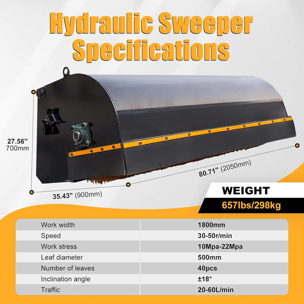 Heavy-Duty 72-Inch Industrial Skid Steer Sweeper Attachment (SAK87013) - Saksby Wholesale - Specifications