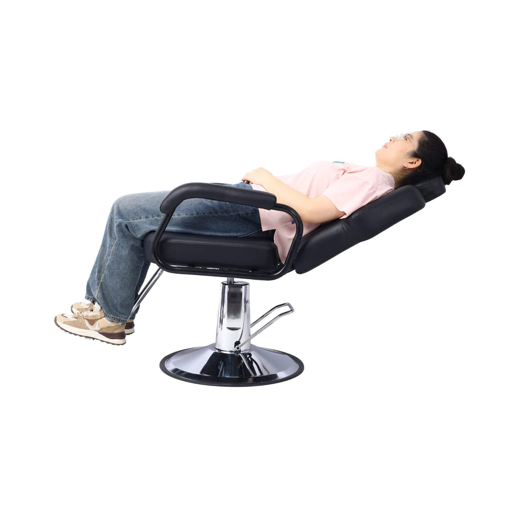 Heavy-Duty All-Purpose Ultra-Comfortable Hydraulic Reclining Barber Chair For Salons And Barber Shops (SAK97418) - Saksby Wholesale - With Client Reclined