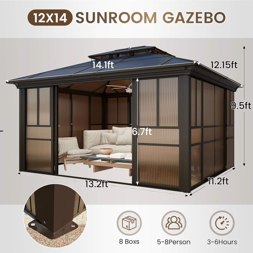 Heavy-Duty Aluminum Frame Outdoor Backyard Solarium With Polycarbornate Roof And Adjustable Panels (SAK68513)  - Saksby Wholesale - 12X14 Size