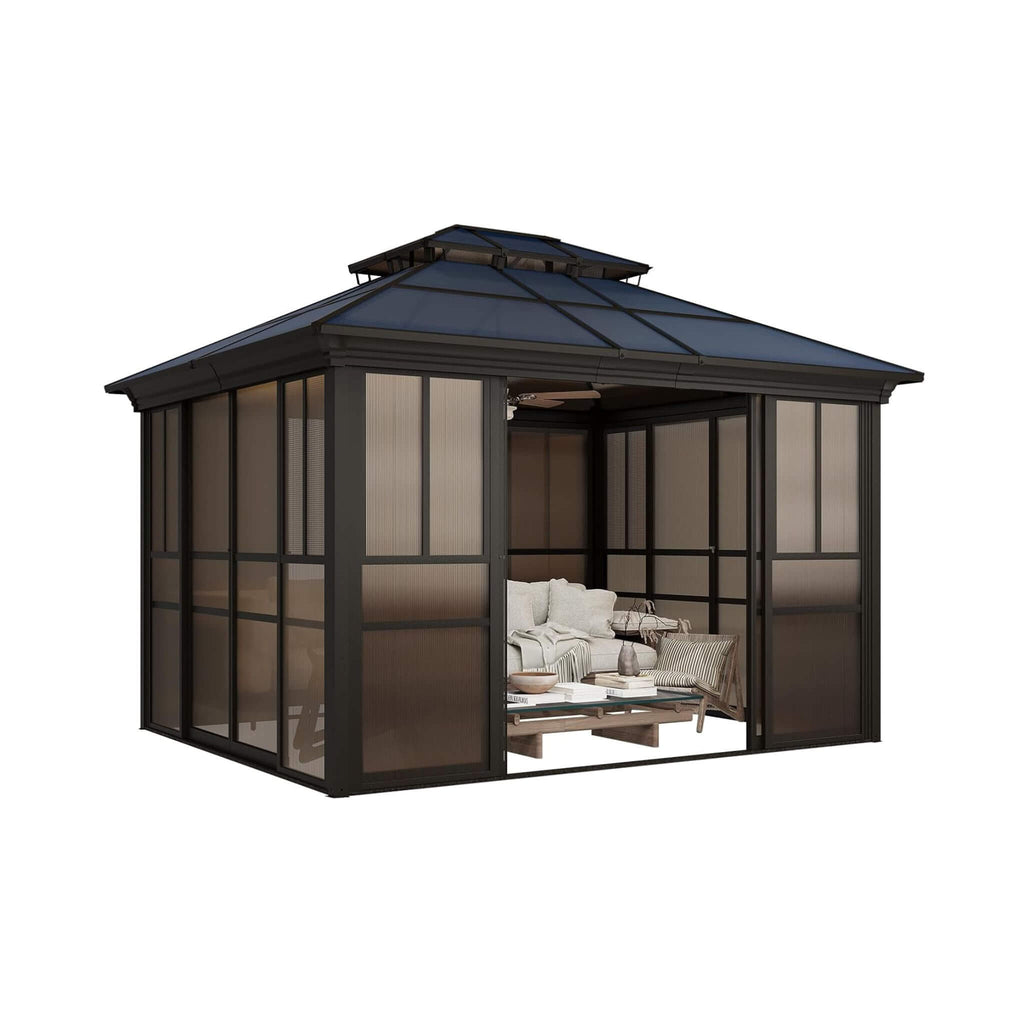 Heavy-Duty Aluminum Frame Outdoor Backyard Solarium With Polycarbornate Roof And Adjustable Panels (SAK68513)  - Saksby Wholesale - Front Side View
