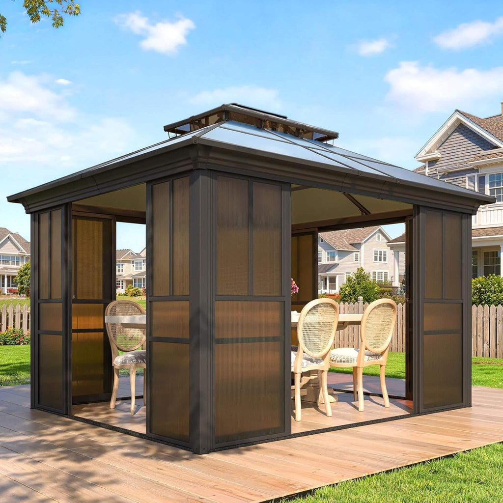 Heavy-Duty Aluminum Frame Outdoor Backyard Solarium With Polycarbornate Roof And Adjustable Panels (SAK68513)  - Saksby Wholesale - Lifestyle Image In Backyard