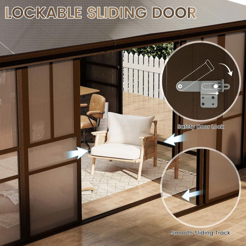 Heavy-Duty Aluminum Frame Outdoor Backyard Solarium With Polycarbornate Roof And Adjustable Panels (SAK68513)  - Saksby Wholesale - Lockable Sliding Door