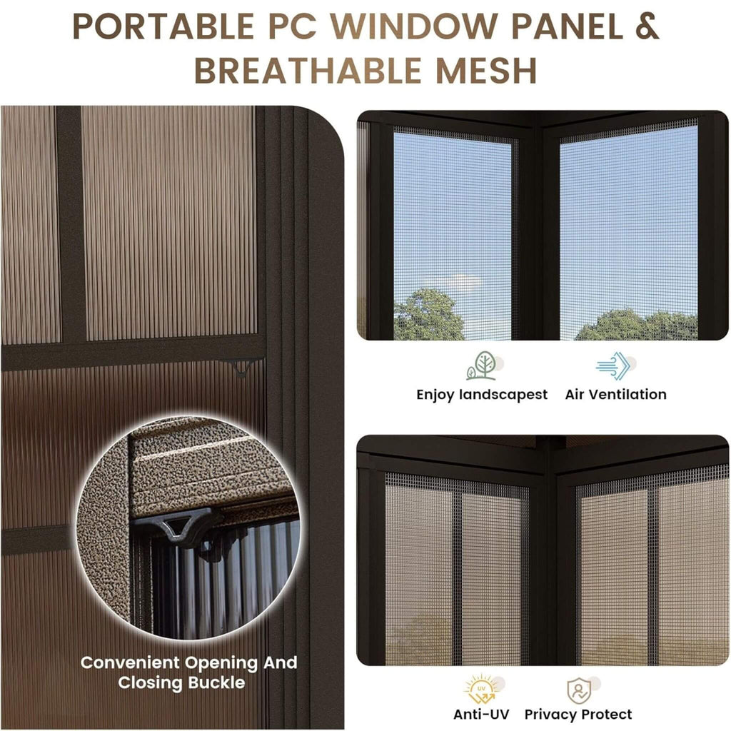 Heavy-Duty Aluminum Frame Outdoor Backyard Solarium With Polycarbornate Roof And Adjustable Panels (SAK68513)  - Saksby Wholesale - Window Panel And Mesh Details