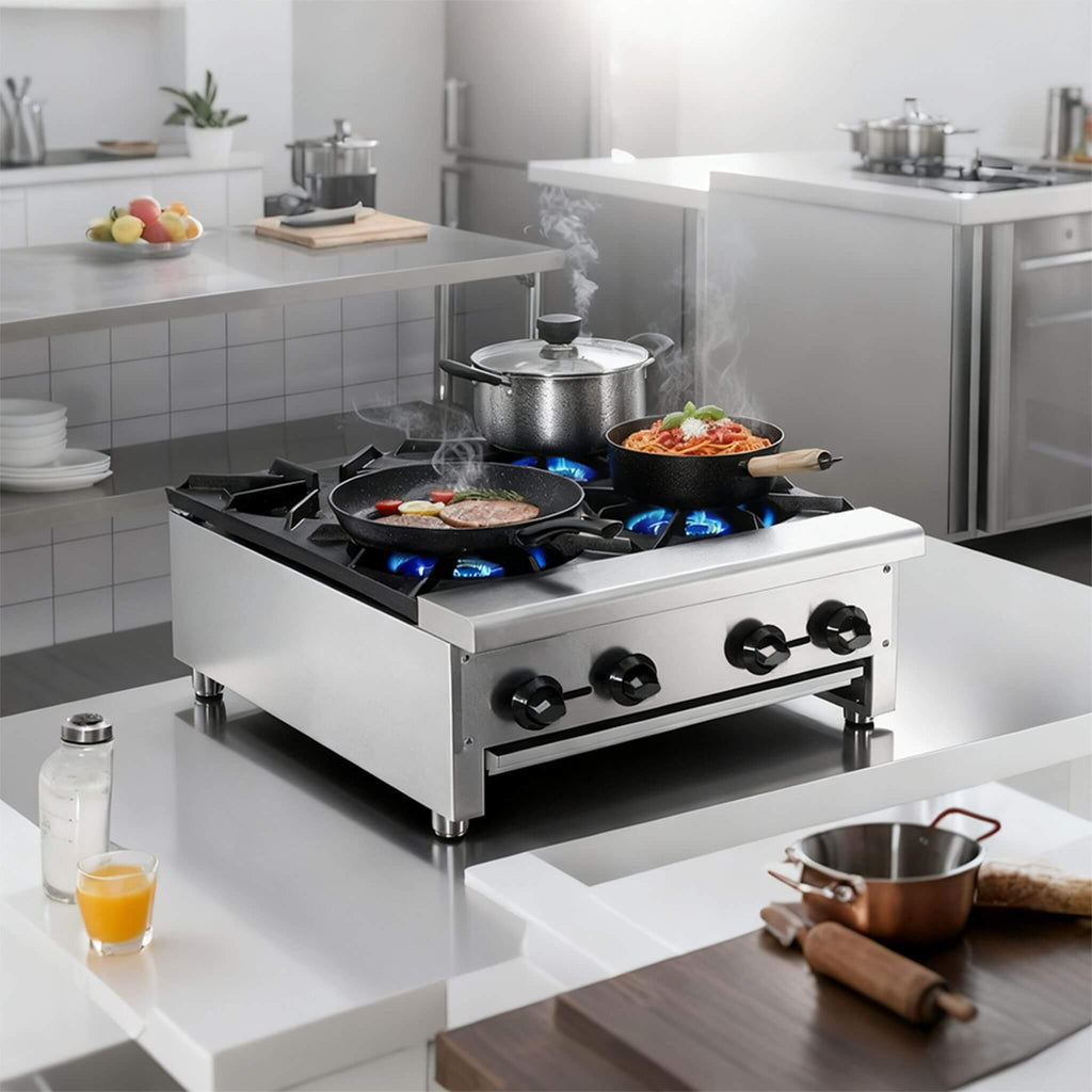 Heavy-Duty Commercial 112K BTU 4-Burner Stainless Steel Gas Stove Hot Plate (SAK39201) - Saksby Wholesale - Kitchen Setup