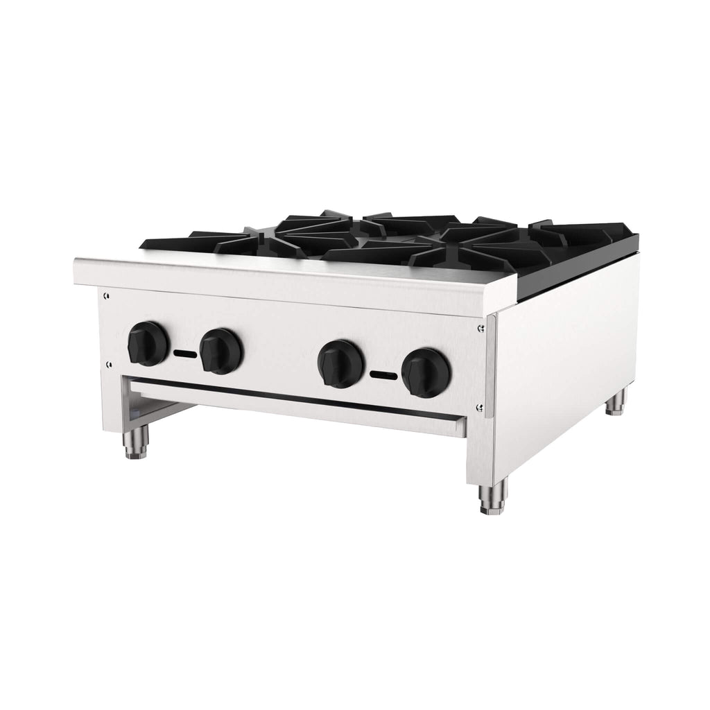 Heavy-Duty Commercial 112K BTU 4-Burner Stainless Steel Gas Stove Hot Plate (SAK39201) - Saksby Wholesale - Side Front View
