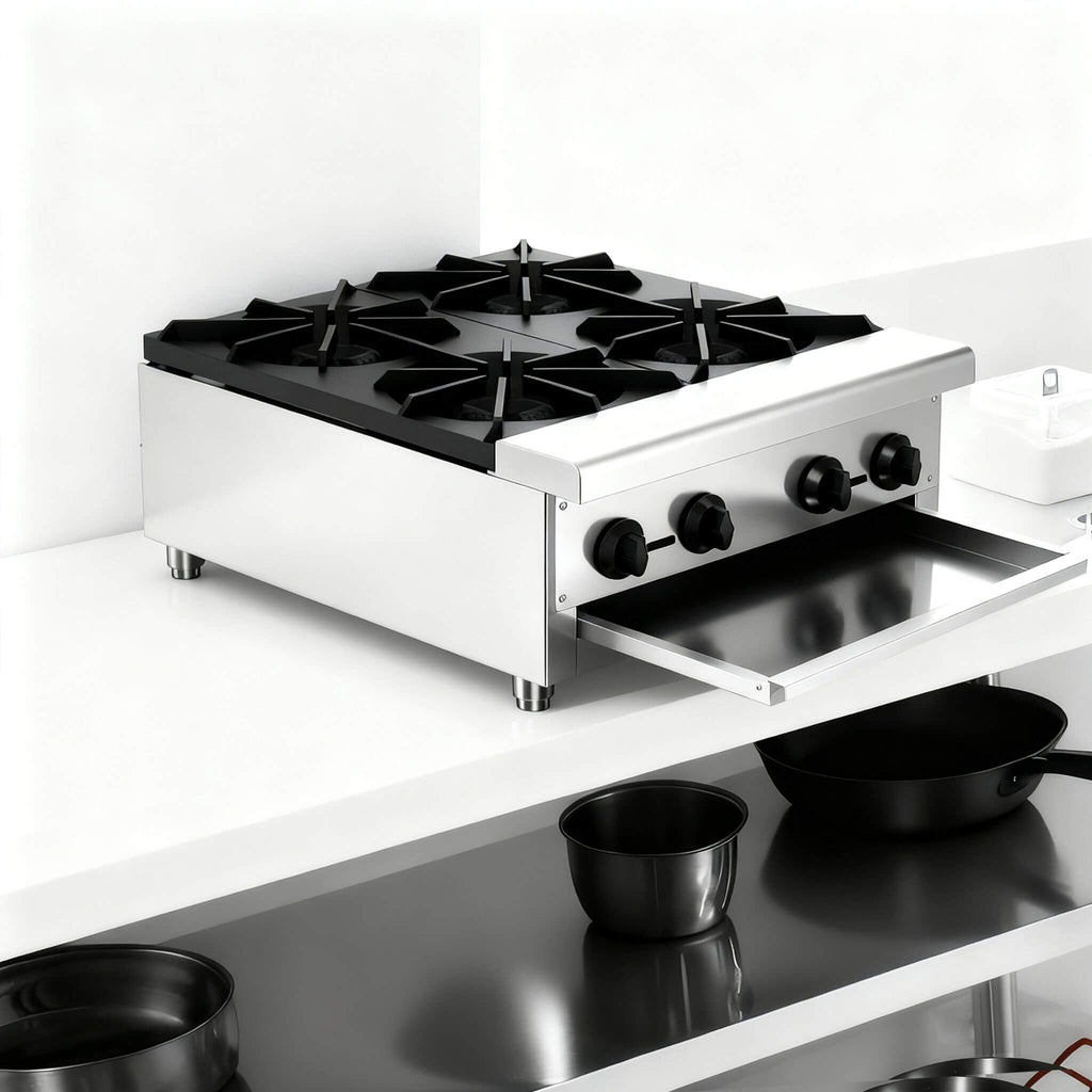 Heavy-Duty Commercial 112K BTU 4-Burner Stainless Steel Gas Stove Hot Plate (SAK39201) - Saksby Wholesale - Table Top Setup