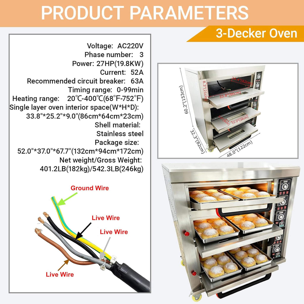 Heavy-Duty Commercial Triple Deck 220V 19.8KW Electric Pizza Oven (SAK56751) - Saksby Wholesale - Parameters
