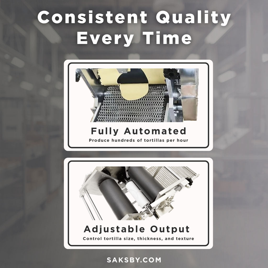Heavy-Duty Commercial Automatic Corn Tortilla Making Machine (SAK60513) - Saksby Wholesale - Consistent Quality Features View