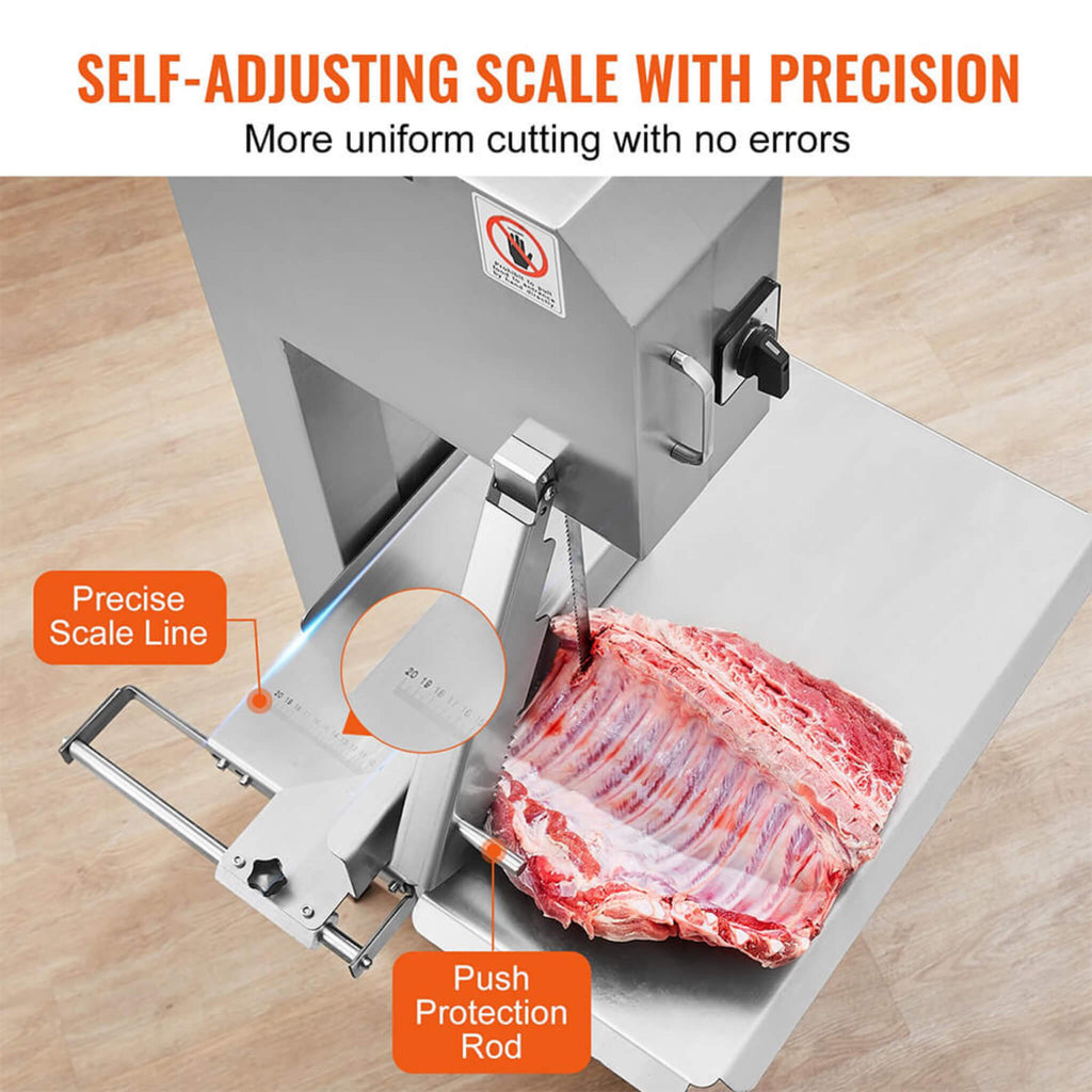 Heavy Duty Commercial Electric Meat Bone Saw Cutting Band Machine With 6 Saw Blades, 2200W (SAK91753) SAKSBY - Self Adjusting Scale View