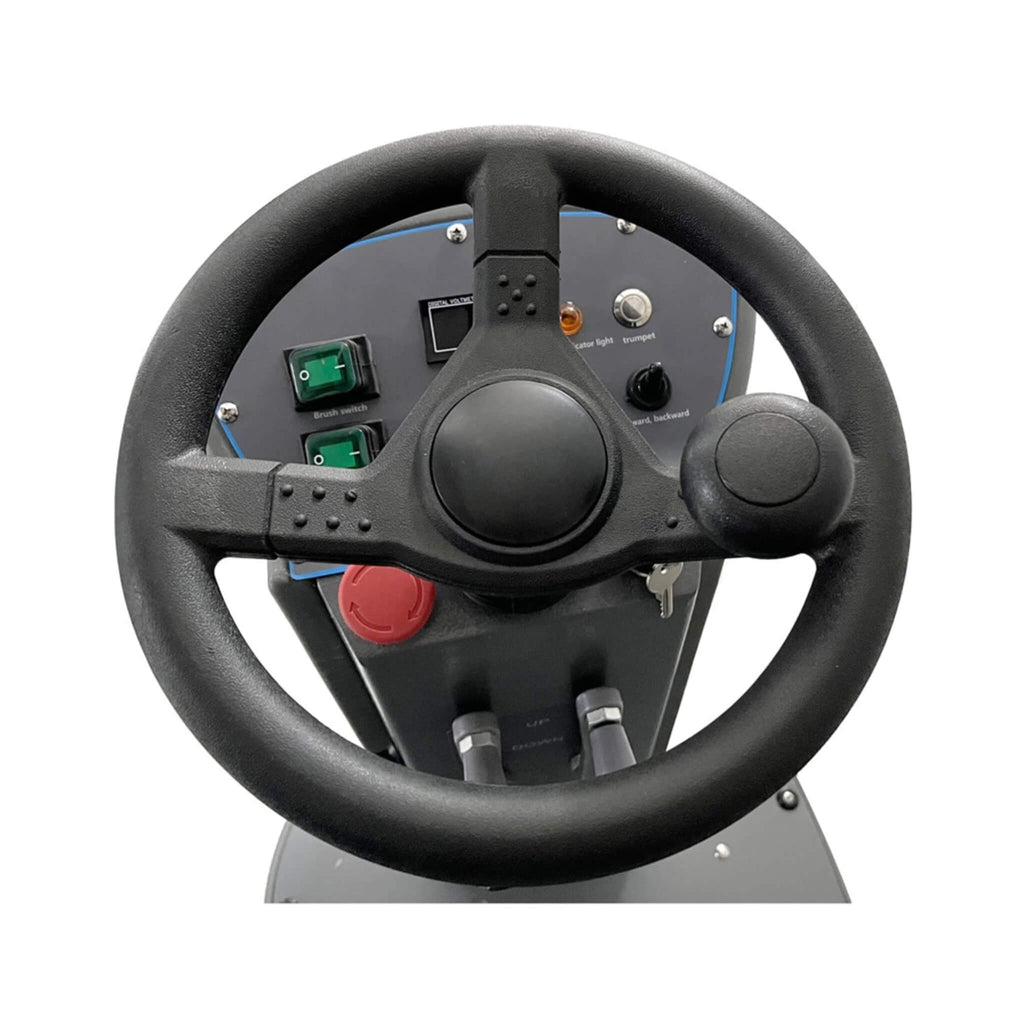 Heavy-Duty Commercial Electric Ride-On Floor Scrubber With 38-Inch Squeegee (SAK91685) - Saksby Wholesale - Steering Wheel View