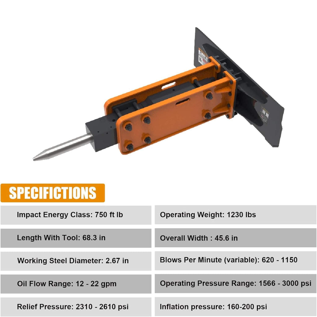 Heavy-Duty Hydraulic Hammer Skid Steer Attachment (SAK39715) - Saksby Wholesale - Specifications