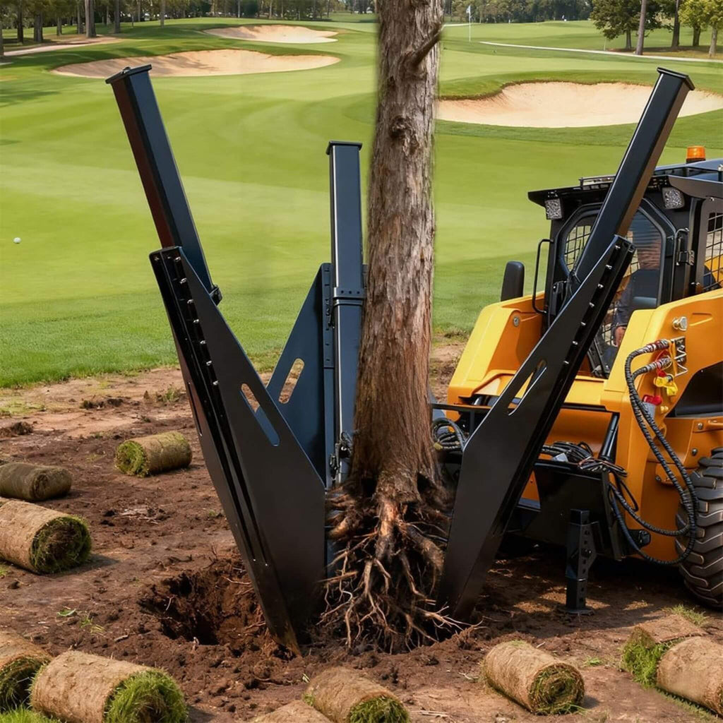 Heavy-Duty Industrial 3-Blade Tree Spade Transplanter Skid Steer Attachment (SAK50296)  - Saksby Wholesale - Product In Use For Tree Extraction