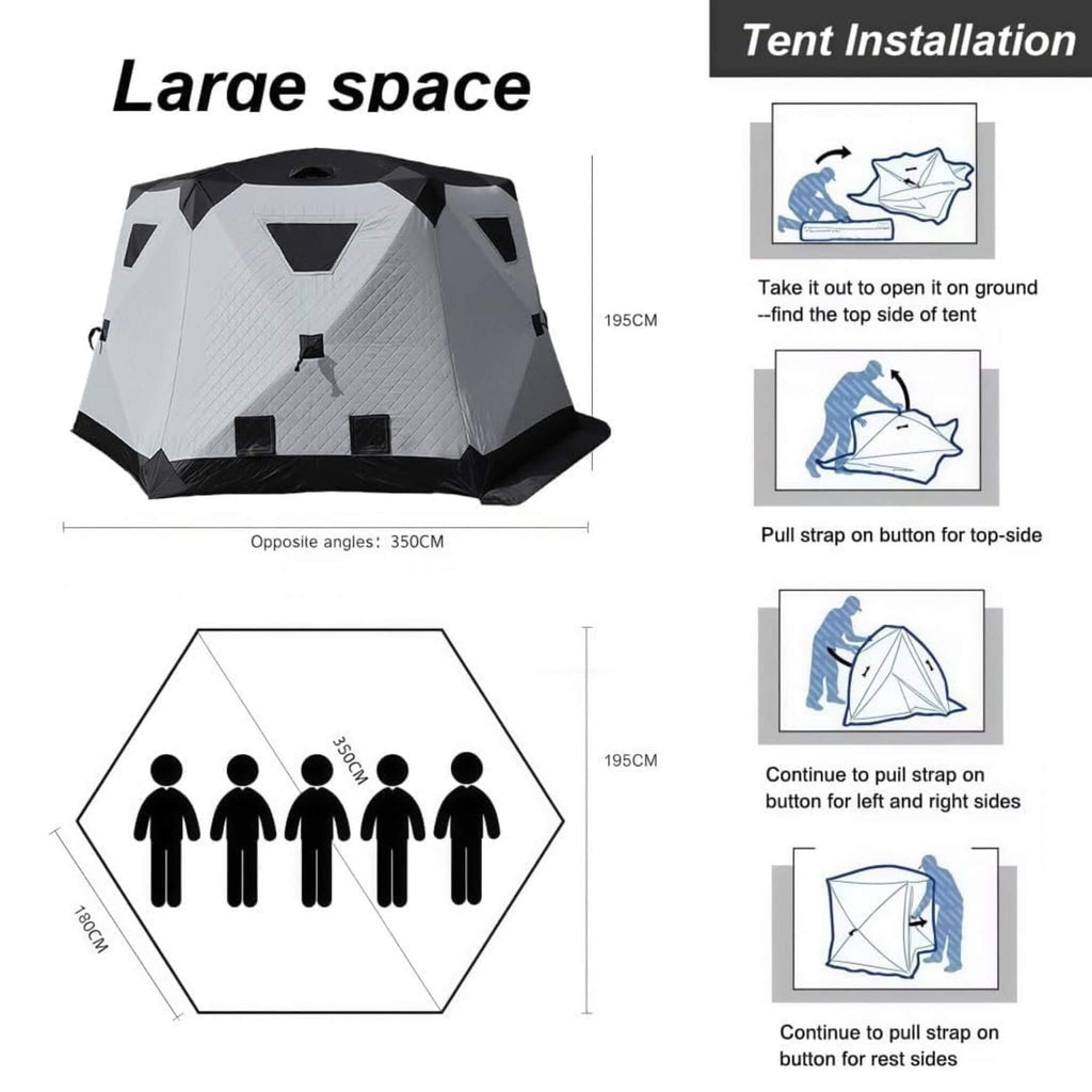 Heavy-Duty Large 11FT Insulated Pop Up Ice Fishing Camping Tent [8-12 Person] (SAK52084) - Saksby Wholesale - Dimensions And Installation Details