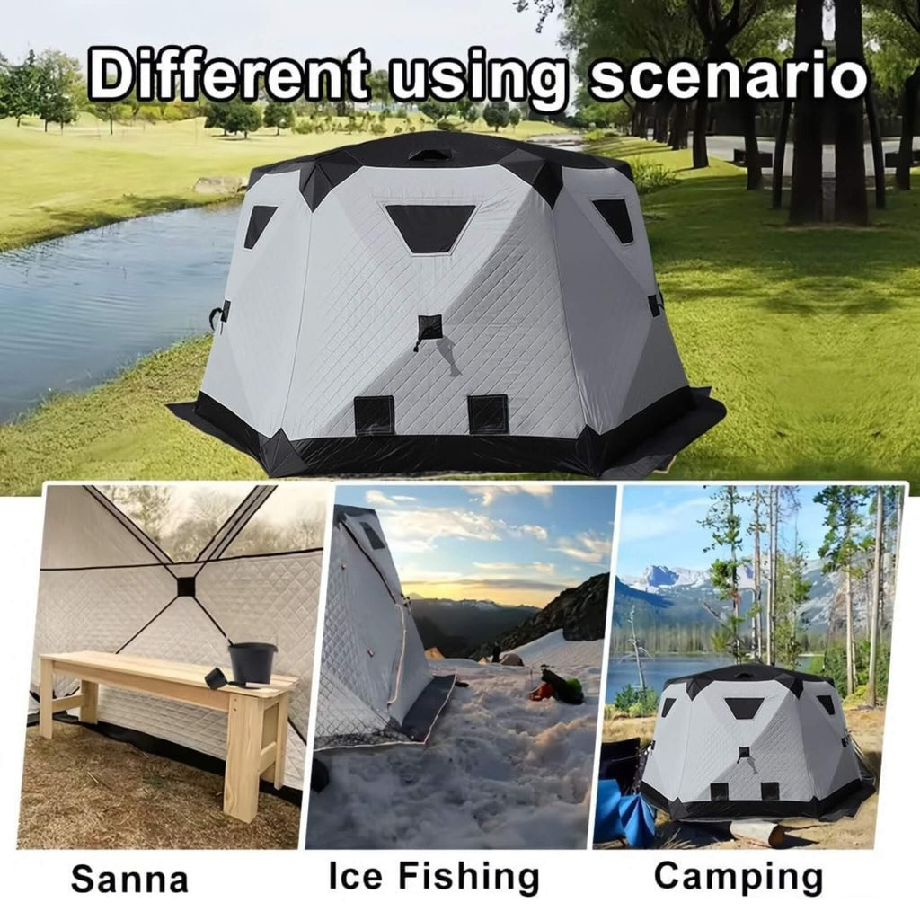 Heavy-Duty Large 11FT Insulated Pop Up Ice Fishing Camping Tent [8-12 Person] (SAK52084) - Saksby Wholesale - Product Usage Details