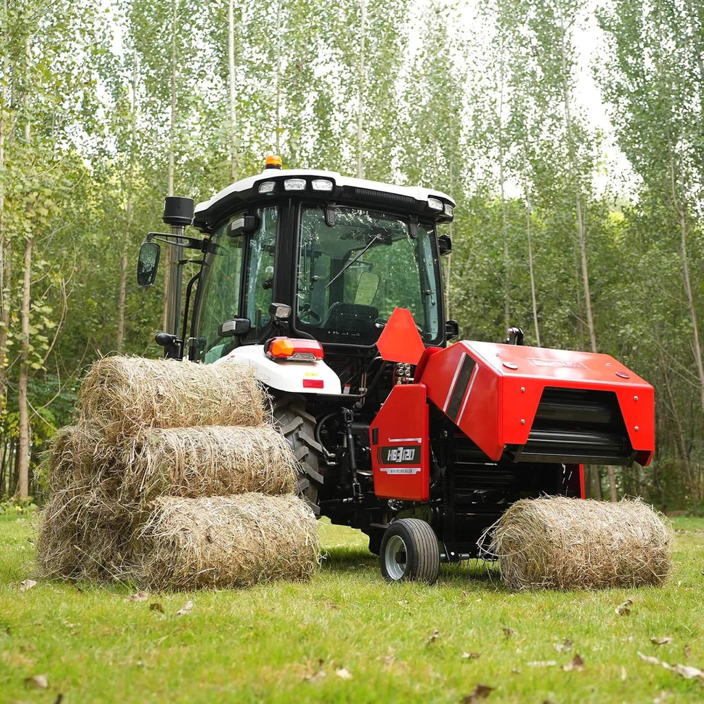 Heavy-Duty Mini Round Hay Tractor Baler With Twine Wrap (SAK36194) - Saksby Wholesale - Lifestyle Back Left View On Tractor