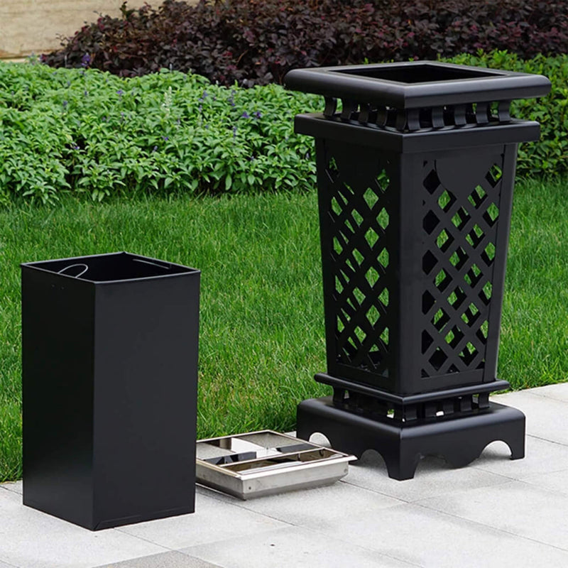 Heavy Duty Premium Commercial Black Outdoor Iron Garbage Trash Bin With Circular Arc Edging (SAK69175) SAKSBY - Corner Lifestyle View
