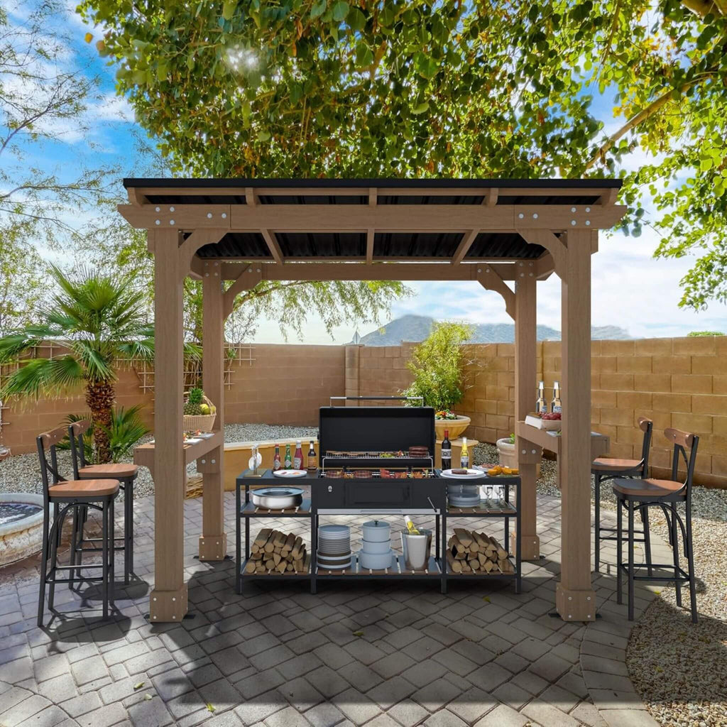 Heavy-Duty Premium Wooden Grill Gazebo With Sloped Metal Roof (SAK61583) - Saksby Wholesale - Backyard Lifestyle Image
