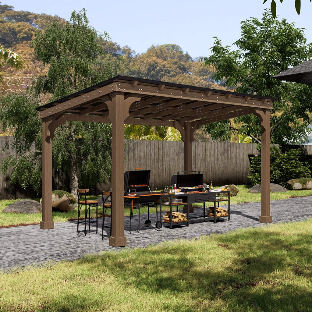 Heavy-Duty Premium Wooden Grill Gazebo With Sloped Metal Roof (SAK61583) - Saksby Wholesale - 10X12FT Lifestyle In Backyard